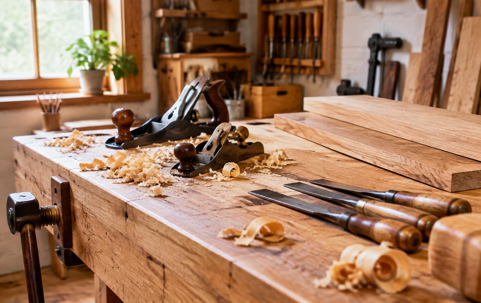 Carpenter's workbench with hand planes, chisels and fresh oak boards